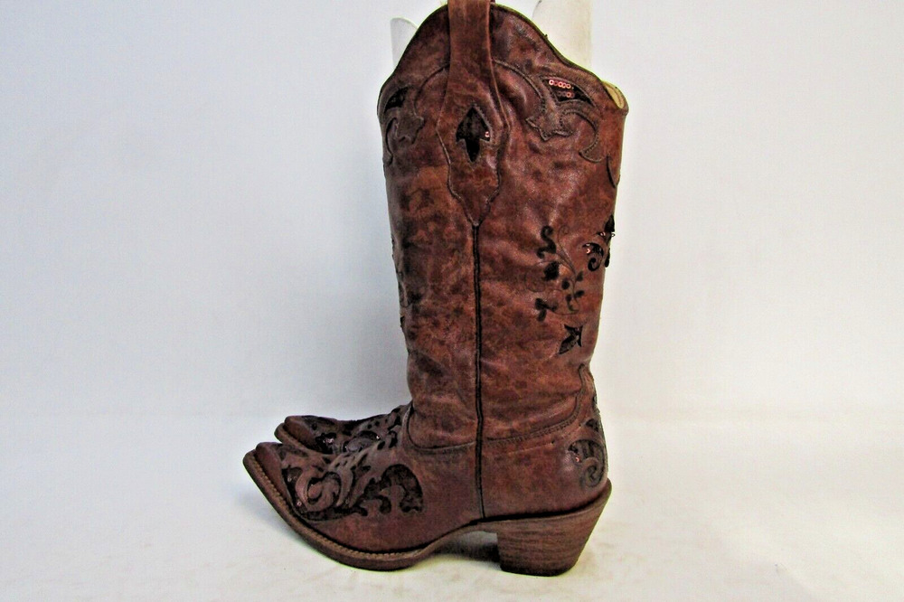 Corral Womens Size 8.5 M Brown Leather Sequin Inlay Western Cowboy Boots